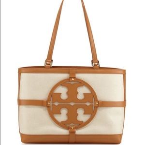 Tory Burch Holly East-West Canvas Tote Bag Natural/Bark Camel Tan Purse Carryall